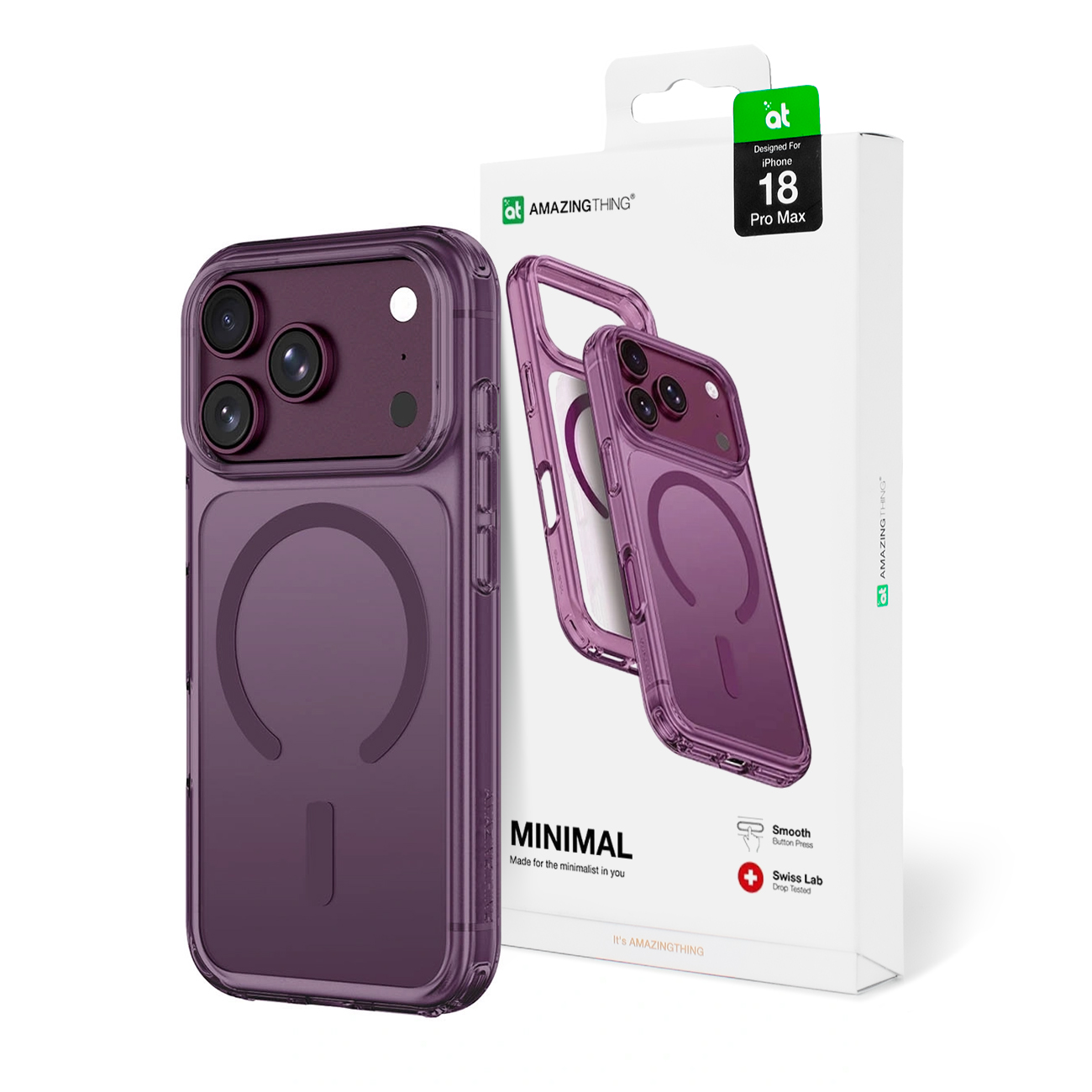 AmazingThing Minimal Mag Drop Proof 3 Lens dėklas, skirtas iPhone 18 Pro Max, su dirželio tvirtinimu, suderinamas su MagSafe – violetinis