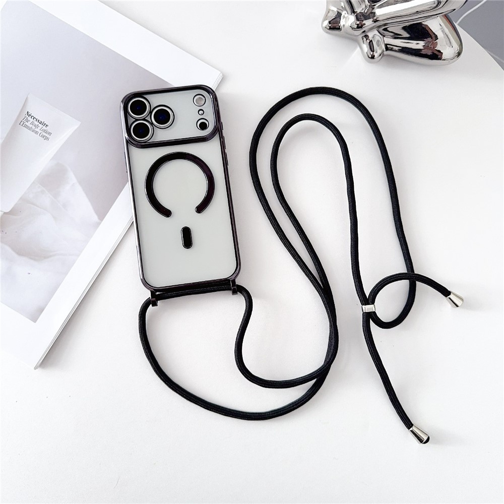 Juodas su MagSafe suderinamas TPU dėklas iPhone 18 Pro / 17 Pro su galvanine danga ir ilgu dirželiu