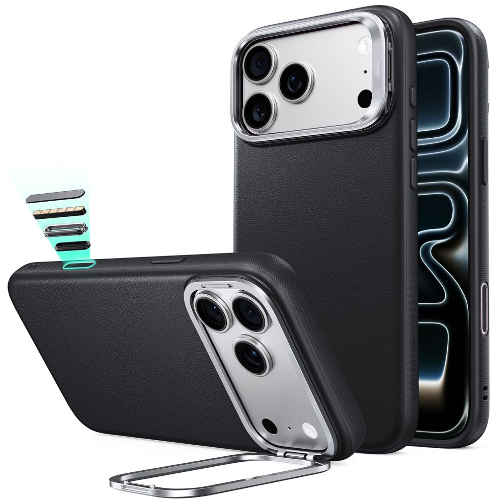 ESR Leather dėklas, skirtas iPhone 18 Pro / 17 Pro, su stovu, suderinamas su MagSafe – juodas