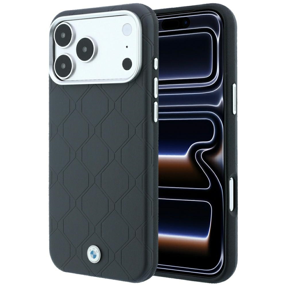 BMW Sign Deboss Quilted Metal Logo dėklas, skirtas iPhone 18 Pro Max / 17 Pro Max, suderinamas su MagSafe – tamsiai pilkas