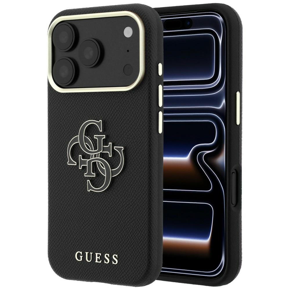 Guess Grained & Big Resin Logo dėklas, skirtas iPhone 18 Pro / 17 Pro – juodas
