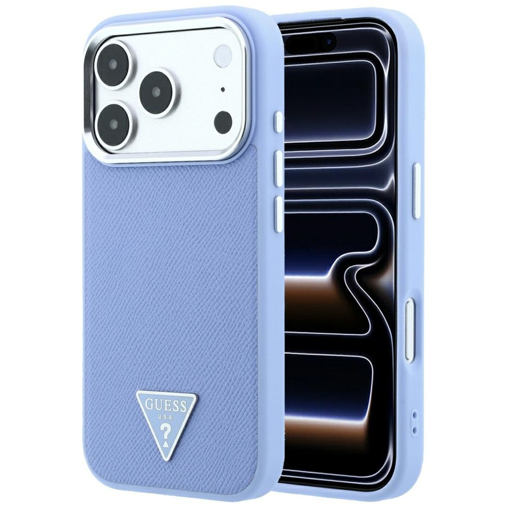 Guess Grained Triangle Logo dėklas, skirtas iPhone 18 Pro / 17 Pro, suderinamas su MagSafe – mėlynas