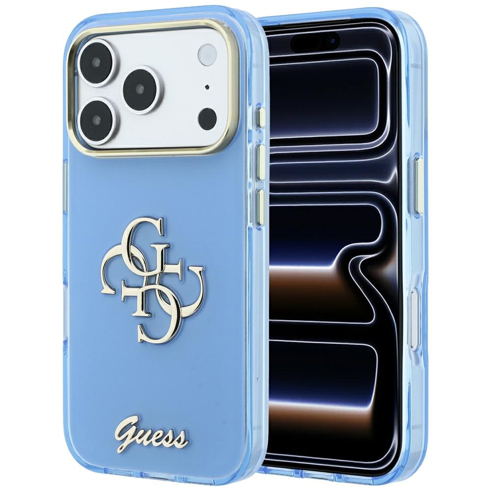 Guess IML 4G Script Metal dėklas, skirtas iPhone 18 Pro Max / 17 Pro Max – šviesiai mėlynas
