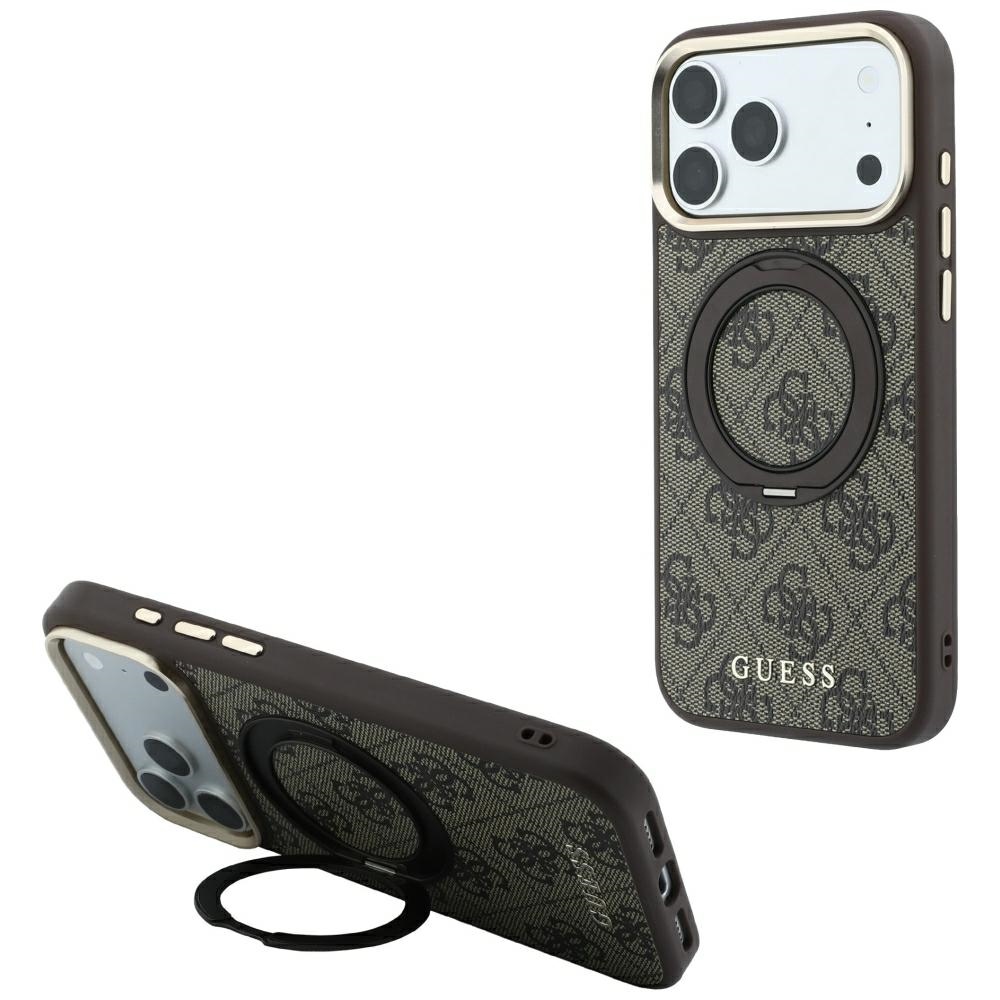 Guess 4G Classic Logo dėklas, skirtas iPhone 18 Pro Max / 17 Pro Max, su 360° žiedu-stovu, suderinamas su MagSafe – rudas