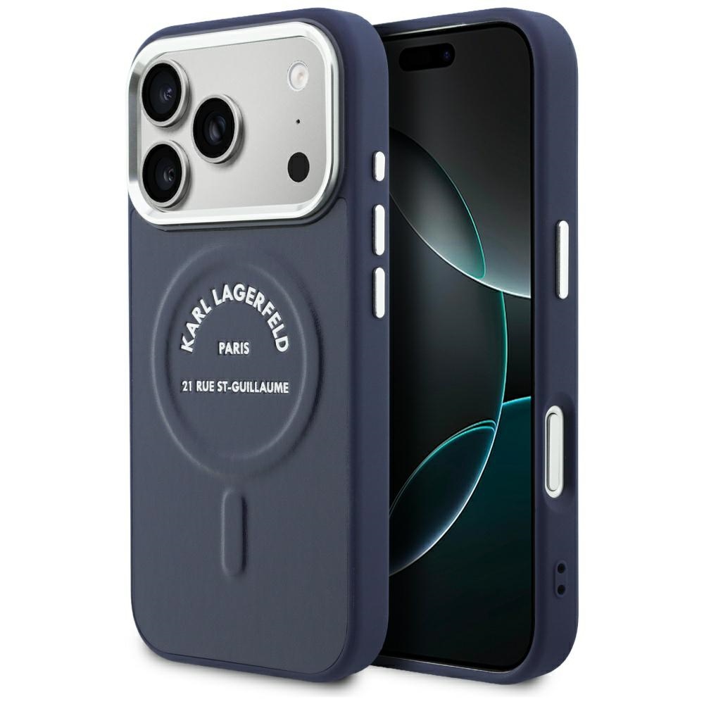 Karl Lagerfeld Embossed Open Ring RSG Logo MagSafe dėklas iPhone 18 Pro Max / 17 Pro Max; spalva: mėlyna