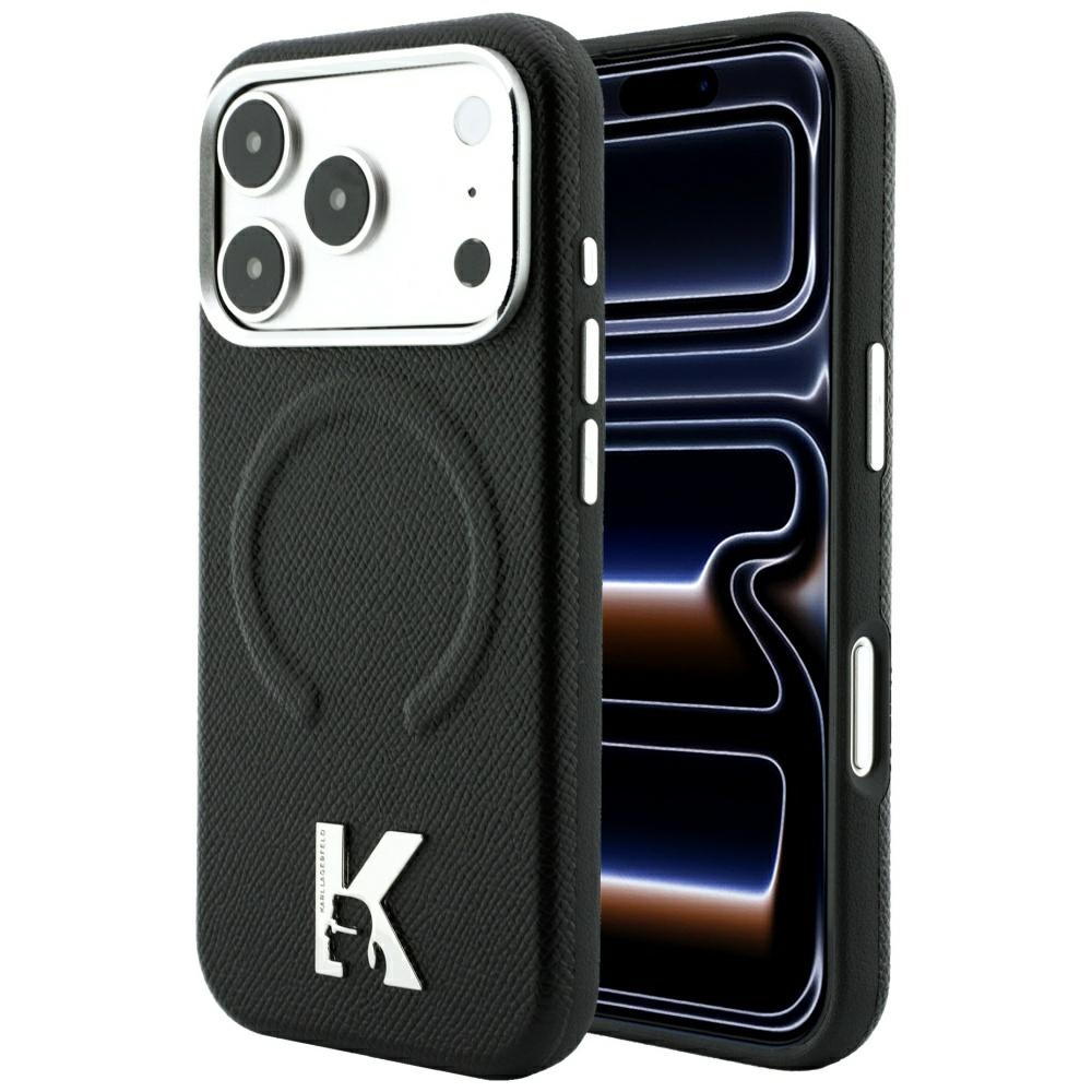 Karl Lagerfeld Grained Embossed Ring & Kameo Logo dėklas, skirtas iPhone 18 Pro Max / 17 Pro Max, suderinamas su MagSafe – juodas
