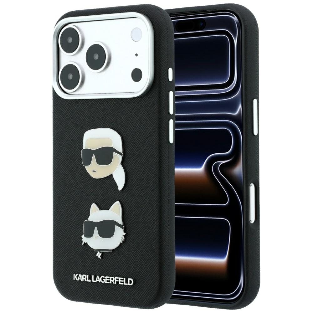 Karl Lagerfeld Saffiano Karl & Choupette Heads Pins & Logo dėklas, skirtas iPhone 18 Pro / 17 Pro – juodas