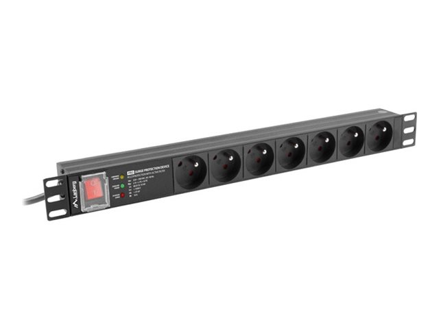 Lanberg PDU-PRO-07E-0200-BK 19 colių 1U serverinės spintos maitinimo paskirstymo blokas, 16 A, 7× French lizdai, 2 m laidas, juodas