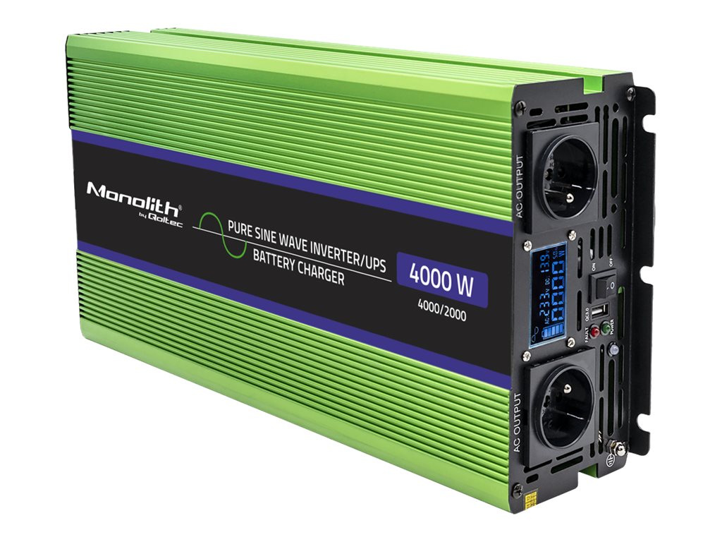 Qoltec 51943 Monolith – инвертор с чистой синусоидой, зарядное устройство и ИБП, 4000 Вт пиковая / 2000 Вт постоянная мощность, 12–230 В, LCD (51943)