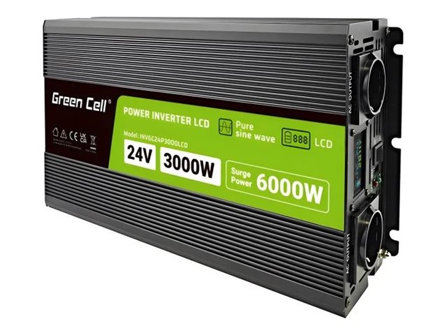Green Cell INVGC24P3000LCD grynosios sinusoidės inverteris su LCD ekranu, 24 V į 230 V, 3 000 W / 6 000 W
