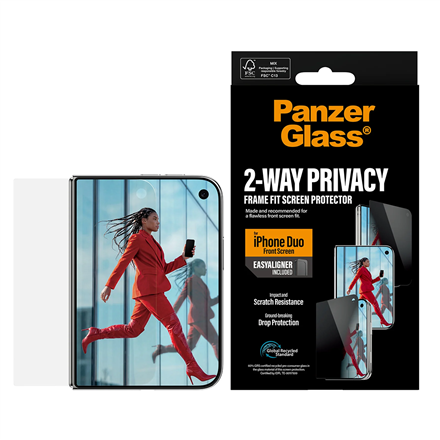 Skaidri stiklinė ekrano apsauga PanzerGlass Privacy su privatumo apsauga ir EasyAligner, skirta Apple iPhone Duo