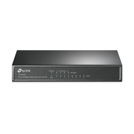 Nevaldomas stalinis tinklo komutatorius TP-LINK TL-SF1008P, 8 × 10/100 Mbps RJ-45, iš jų 4 × PoE, išorinis maitinimo šaltinis