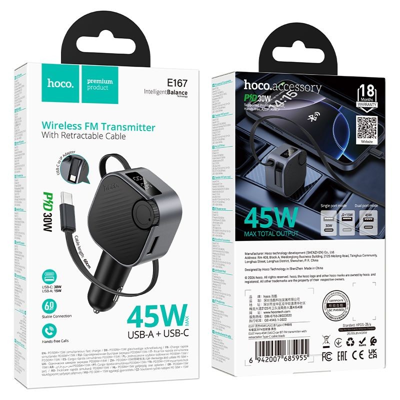 Įkroviklis automobilinis + FM transmiteris Hoco E167 45W (1xUSB bluetooth 6.0) juodas