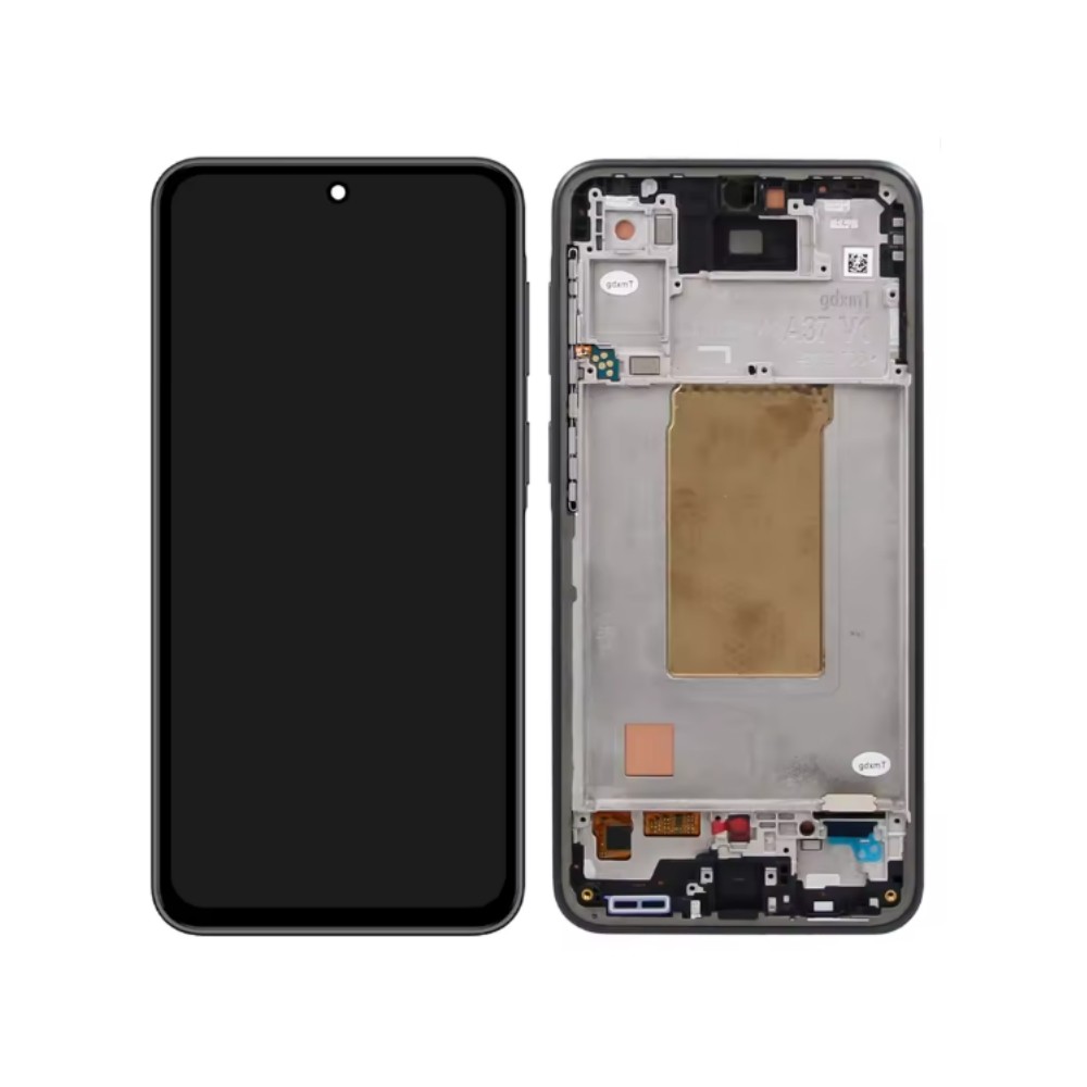 Ekranas Samsung A376 A37 5G su lietimui jautriu stikliuku ir rėmeliu Black OLED (real size)