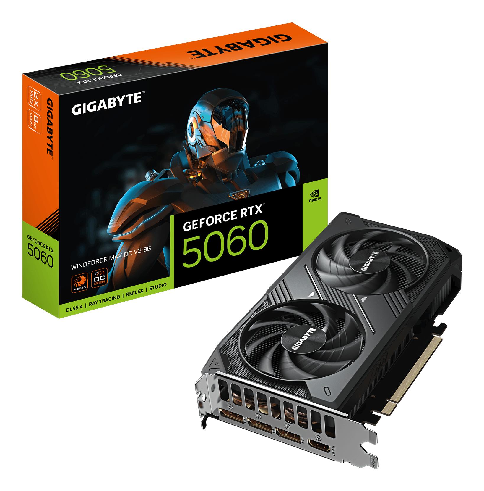 Видеокарта Gigabyte NVIDIA GeForce RTX 5060, 2512 МГц, 8 ГБ GDDR7, 128 бит, PCI Express 5.0, активное охлаждение (GV-N5060WF2MAXOCV2-8GD)