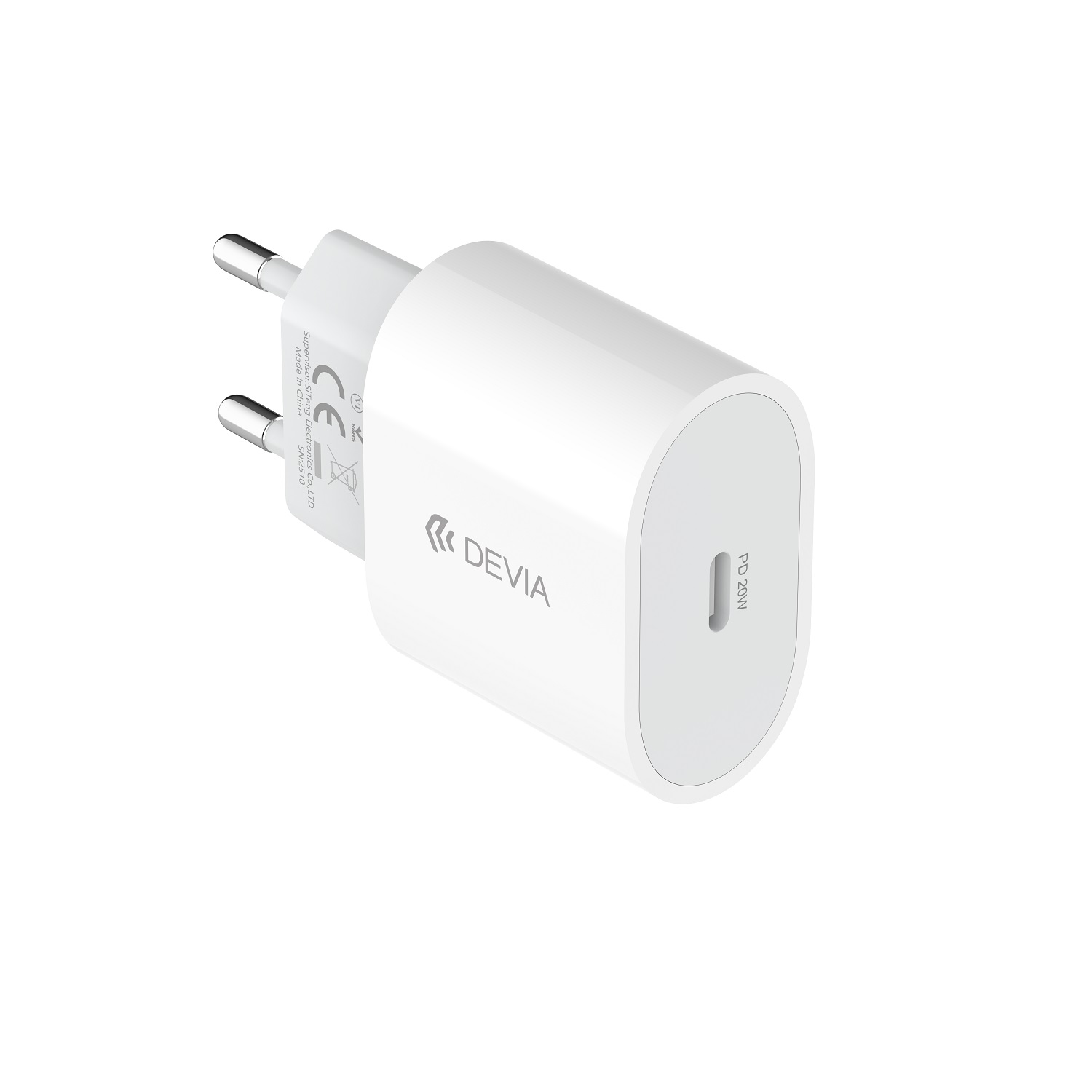 Baltas sieninis įkroviklis Devia Rocket, PD, QC, 20 W, 1 x USB-C