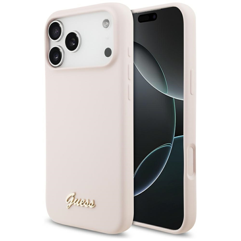 rožinis Guess Silicone Script Metal Logo MagSafe dėklas Iphone 18 Pro Max / iPhone 17 Pro Max
