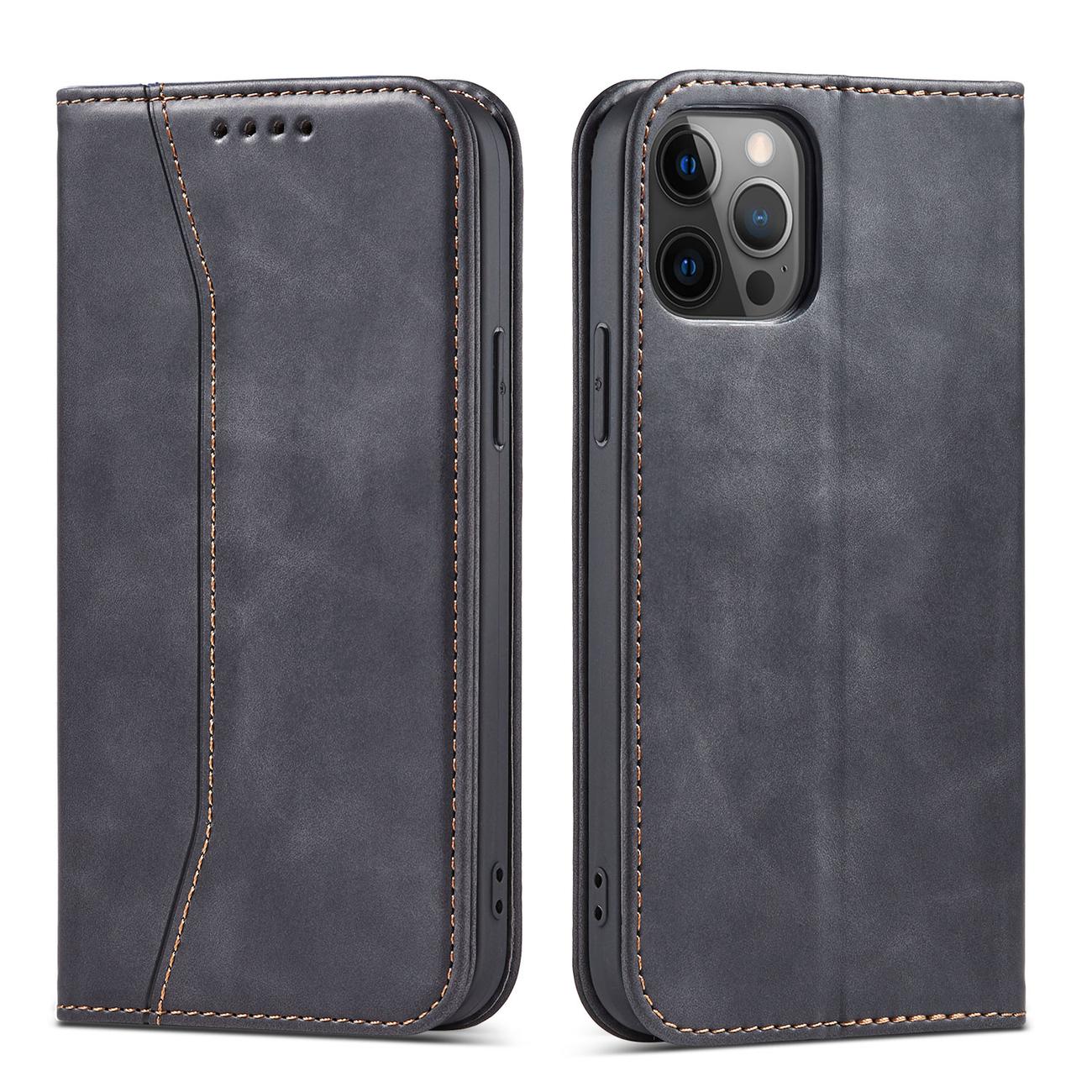 Magnetinis Fancy dėklas telefonui iPhone 12 Pro Max su kišene, kortelių laikiklis, juodas