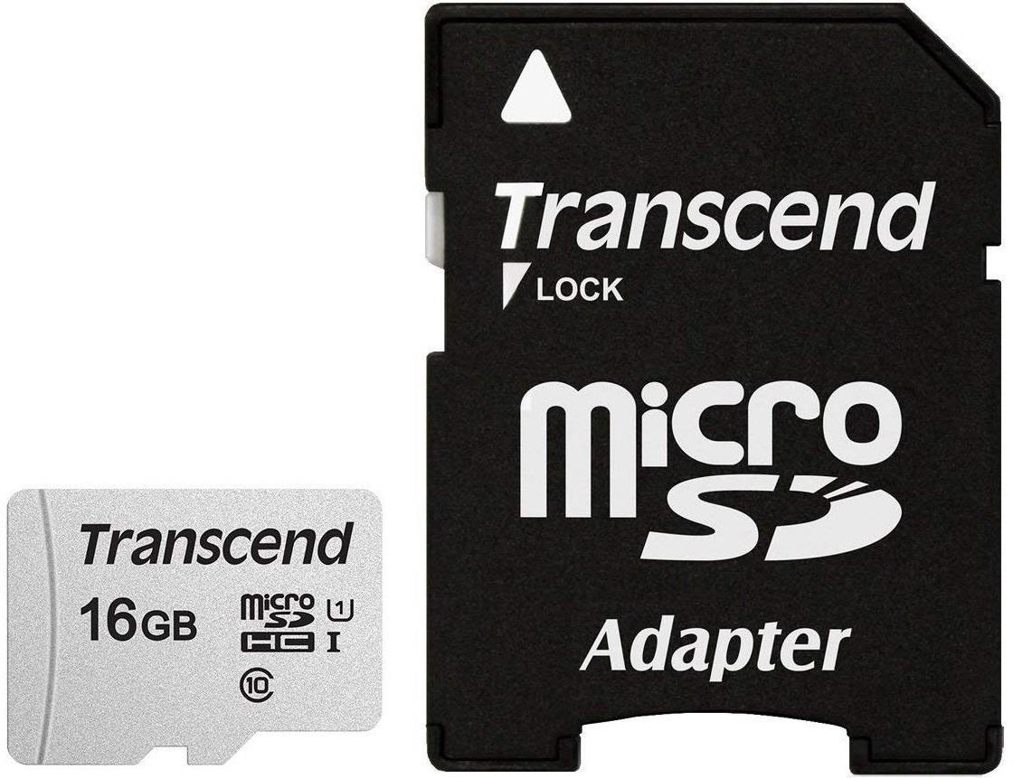 TRANSCEND TS16GUSD300S-A microSDHC atminties kortelė, 16 GB, C10, su adapteriu
