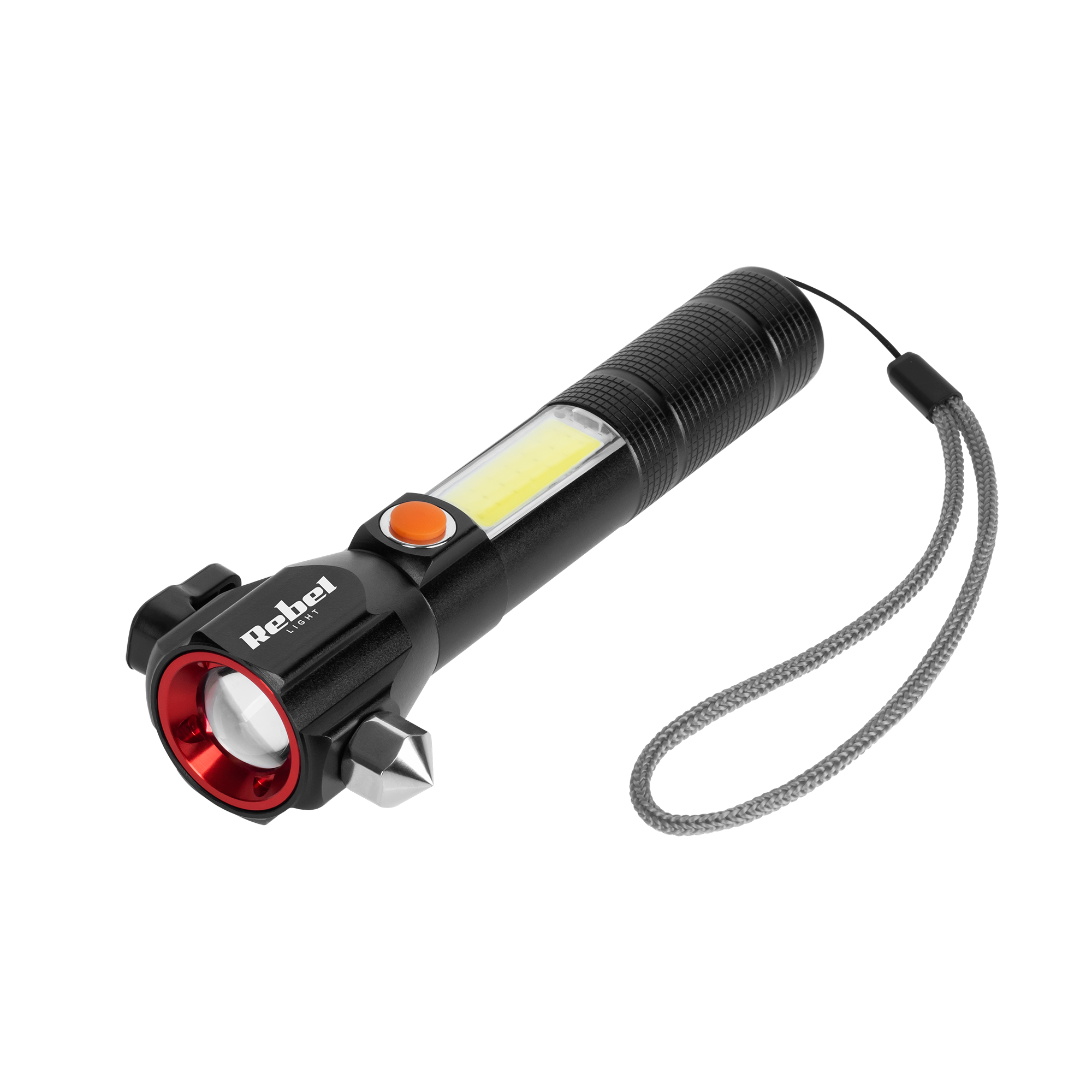 Rebel multifunction rechargeable flashlight with zoom, knife and glass hammer