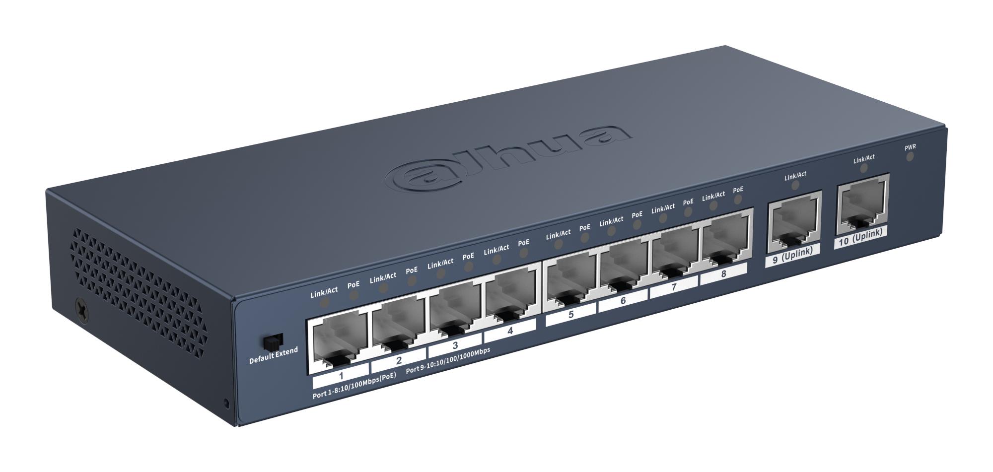 Dahua S3010-8ET2GT-90 nevaldomas tinklo komutatorius, 8 RJ-45 Fast Ethernet (10/100) prievadai, PoE