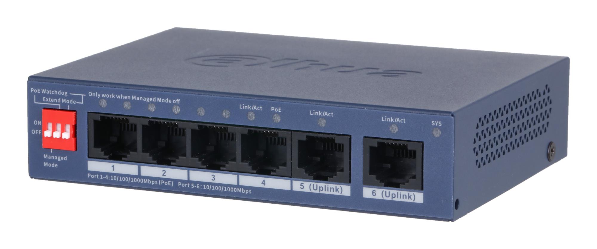 DAHUA CS4006-4GT-36 valdomas L2 stalinis / sieninis komutatorius, 4 × RJ-45 Gigabit Ethernet (10/100/1000), PoE: taip, 4 PoE prievadai