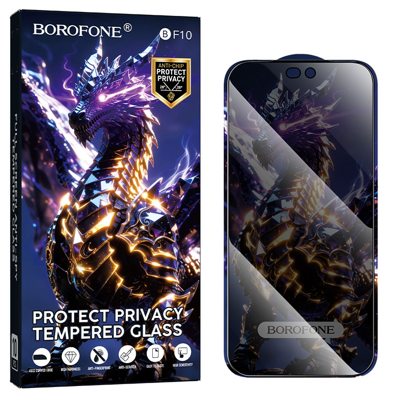 Borofone BF10 Armor visą ekraną dengiantis grūdintas stiklas ekranui, privatumo filtras, skirtas iPhone 17e/16e/14/13/13 Pro, 10 vnt.