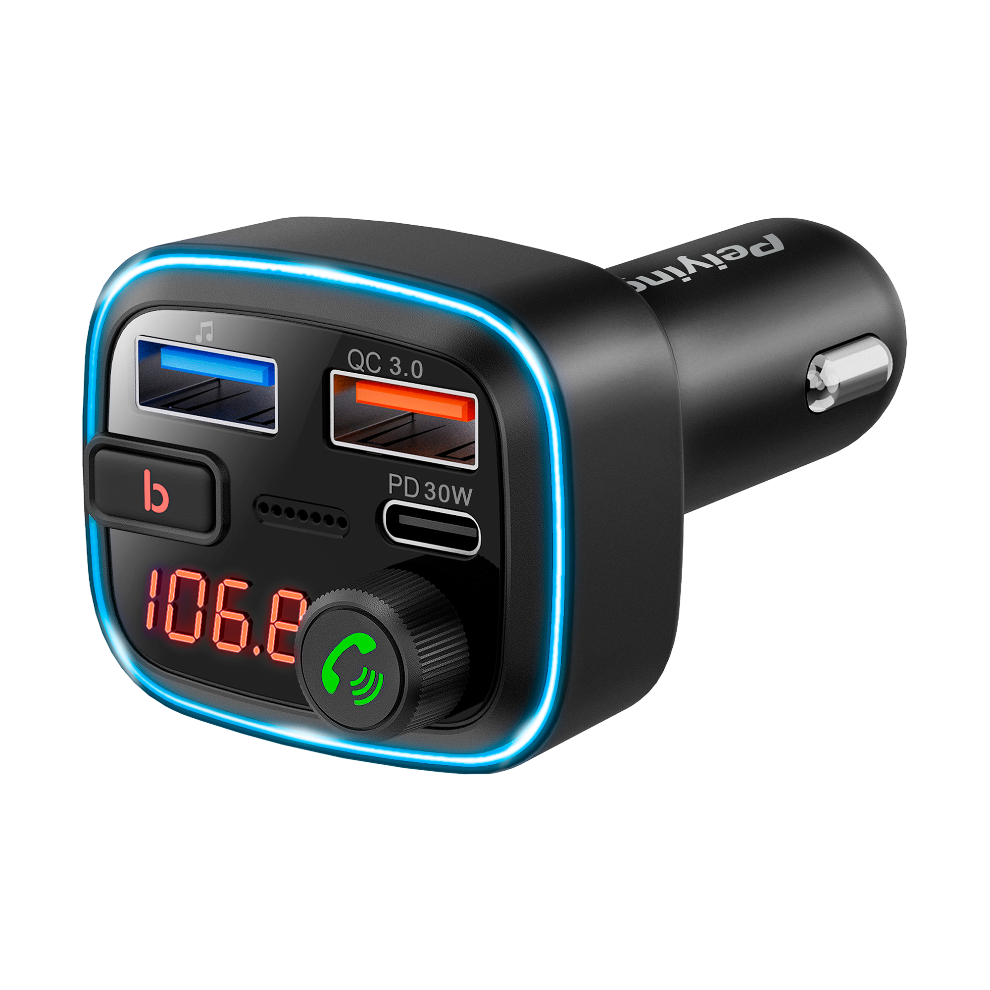 Automobilinis FM siųstuvas su Bluetooth, 2 USB prievadais ir USB-C